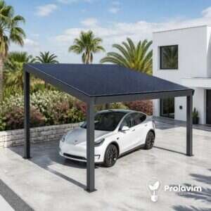 Carport solar fotovoltaico Design autoportante de Prolavim con cubierta a un agua de paneles solares y un coche eléctrico aparcado debajo