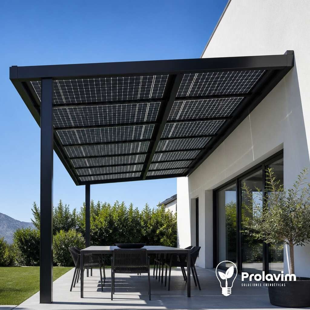 Pérgola solar fotovoltaica Lounge de Prolavim instalada sobre la terraza de una vivienda, con cubierta de paneles solares y estructura de aluminio gris antracita